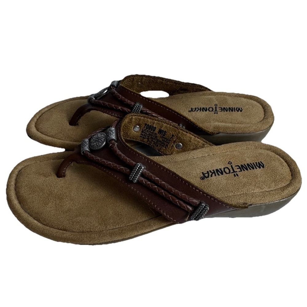 Minnetonka Women's Leather Thong Sandals Southwest/Native 360 Comfort Size 7 EUC - Picture 3 of 9